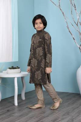Brown printed banarasi silk boys-sherwani 2