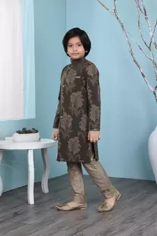 Brown printed banarasi silk boys-sherwani