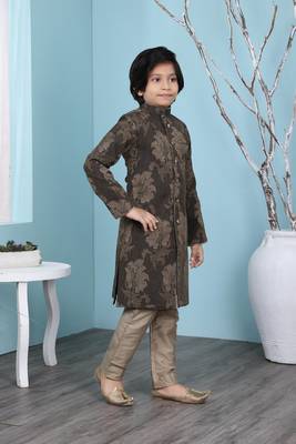 Brown printed banarasi silk boys-sherwani 3