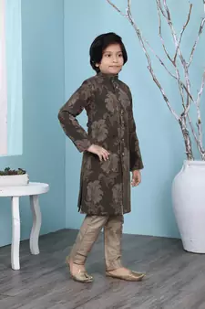 Brown printed banarasi silk boys-sherwani