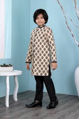 Beige printed banarasi silk boys-sherwani 1