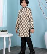 Beige printed banarasi silk boys-sherwani