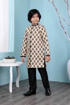 Beige printed banarasi silk boys-sherwani 2
