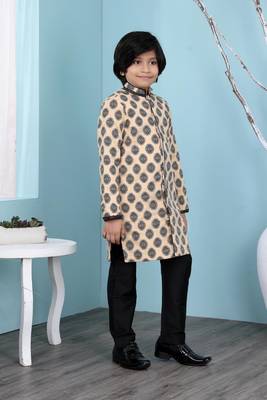 Beige printed banarasi silk boys-sherwani 3