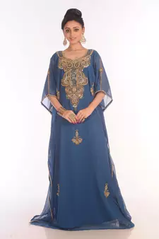 SALE !! Moroccan Islamic Blue Kaftan Beach Fancy Modern Floor Length Half Sleeve For Women Dress