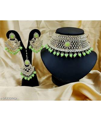 Choker Style Light Green   Beads Gold Plated Necklace Set 1