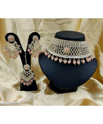 Choker Style Peach Beads Gold Plated Necklace Set 1