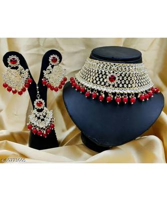 Choker Style Red Beads Gold Plated Necklace Set 1