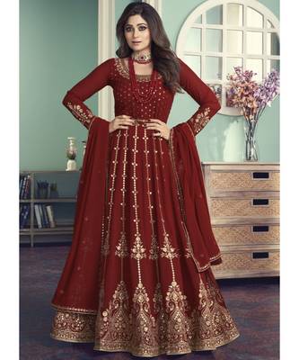 Red Georgette semi stitched top & bottom with dupatta 1