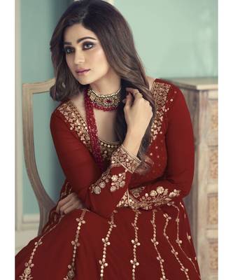 Red Georgette semi stitched top & bottom with dupatta 3