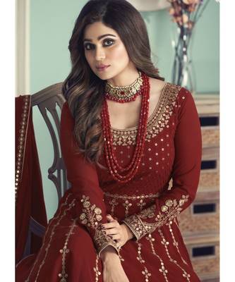Red Georgette semi stitched top & bottom with dupatta 4