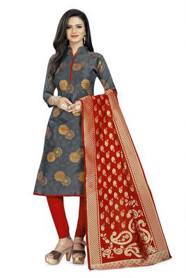  Grey Banarasi silk Unstitched dress material 1