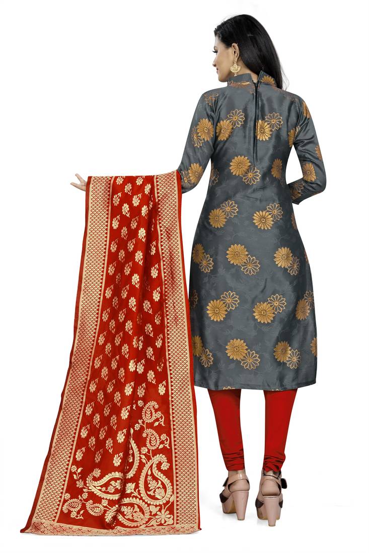  Grey Banarasi silk Unstitched dress material