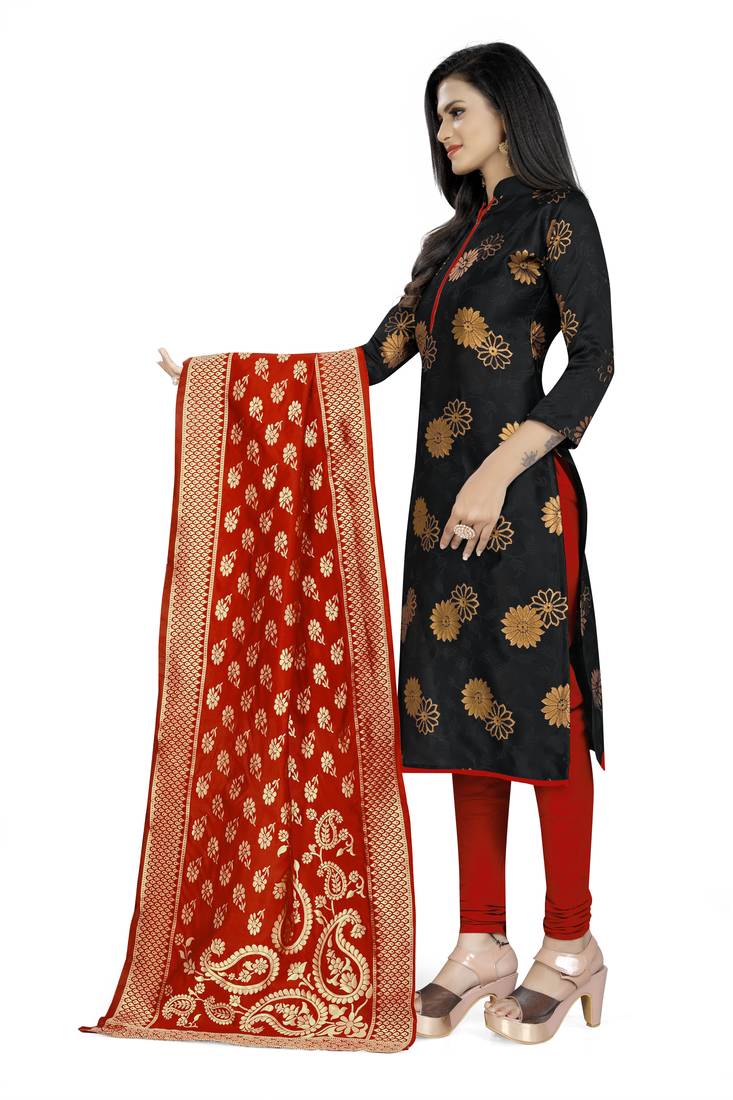  Black Banarasi silk Unstitched dress material