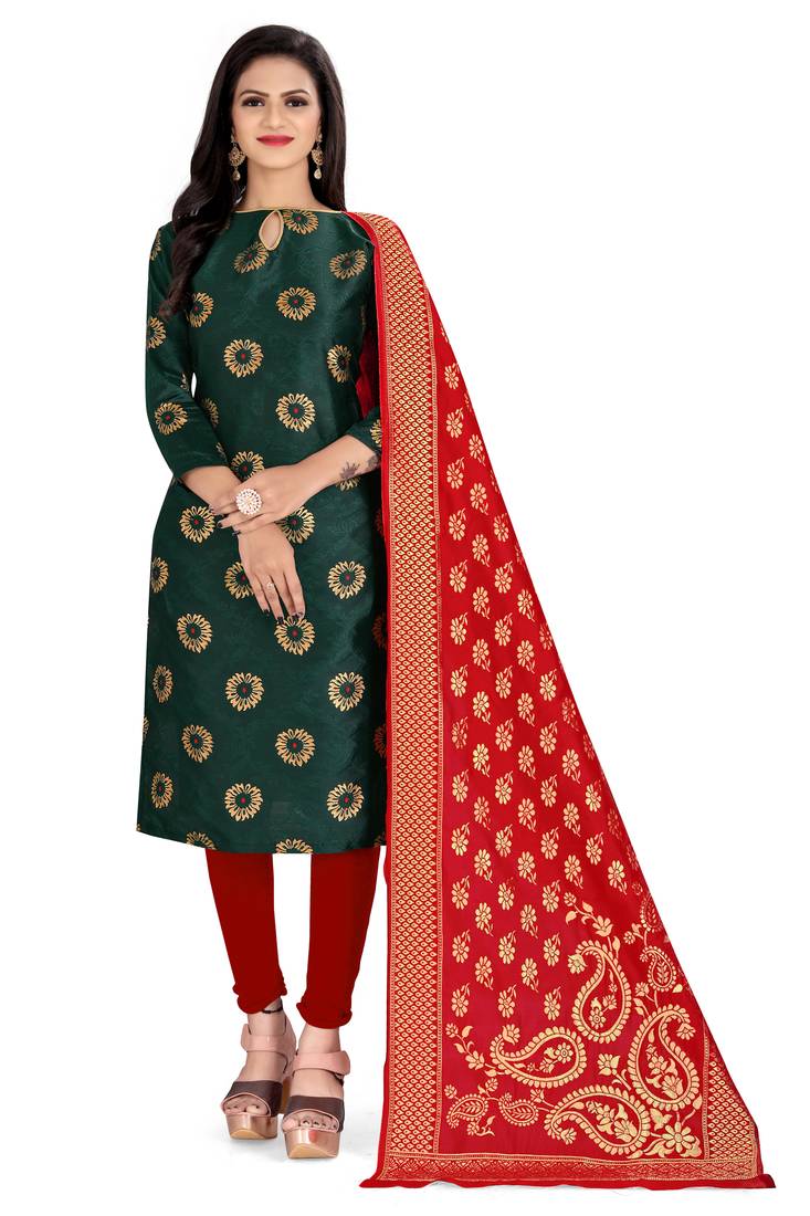  Green Banarasi silk Unstitched dress material