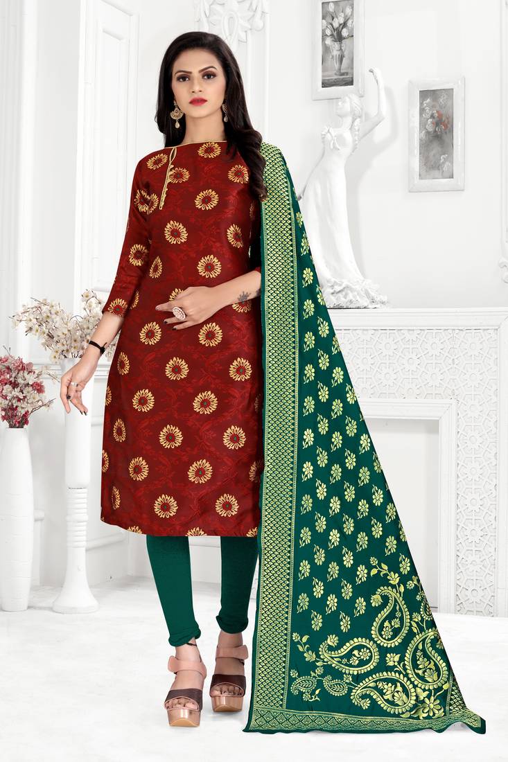  Maroon Banarasi silk Unstitched dress material