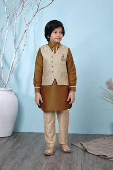 Brown plain cotton silk boys-kurta &-pyjama
