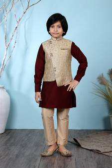Maroon printed cotton silk boys-kurta &-pyjama