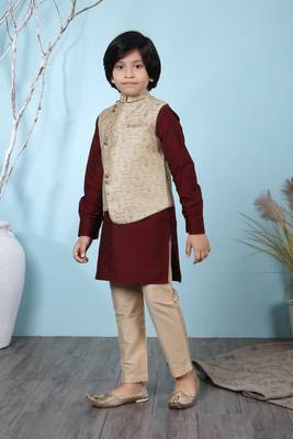 Maroon printed cotton silk boys-kurta &-pyjama 2