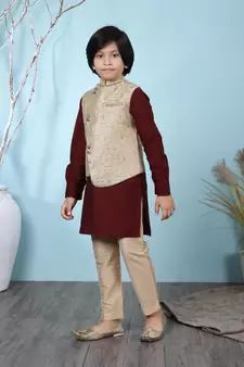Maroon printed cotton silk boys-kurta &-pyjama