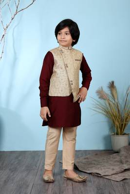 Maroon printed cotton silk boys-kurta &-pyjama 3