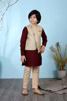 Maroon printed cotton silk boys-kurta &-pyjama