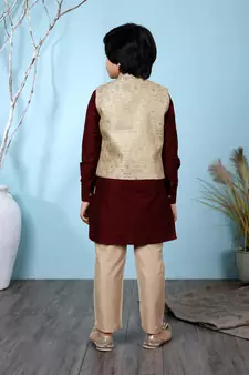 Maroon printed cotton silk boys-kurta &-pyjama