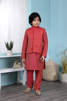 Red printed cotton silk boys-kurta &-pyjama