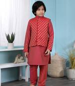 Red printed cotton silk boys-kurta &-pyjama