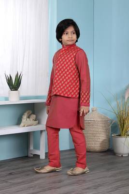 Red printed cotton silk boys-kurta &-pyjama 2
