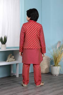 Red printed cotton silk boys-kurta &-pyjama 4
