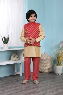 Gold printed cotton silk boys-kurta &-pyjama 1