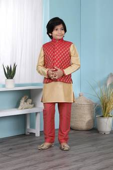 Gold printed cotton silk boys-kurta &-pyjama