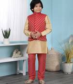 Gold printed cotton silk boys-kurta &-pyjama