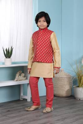 Gold printed cotton silk boys-kurta &-pyjama 2