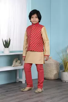 Gold printed cotton silk boys-kurta &-pyjama