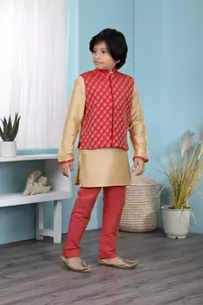 Gold printed cotton silk boys-kurta &-pyjama