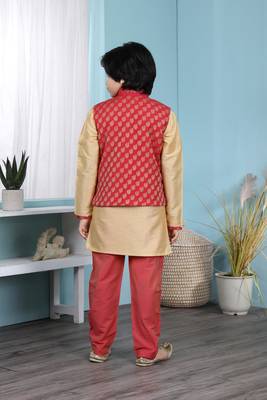 Gold printed cotton silk boys-kurta &-pyjama 4