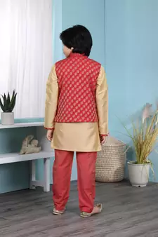 Gold printed cotton silk boys-kurta &-pyjama