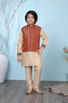 Beige embroidered cotton silk boys-kurta &-pyjama