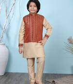 Beige embroidered cotton silk boys-kurta &-pyjama