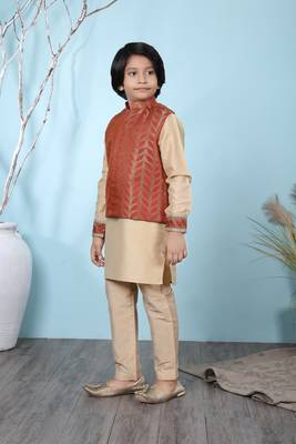 Beige embroidered cotton silk boys-kurta &-pyjama 2