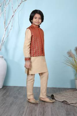 Beige embroidered cotton silk boys-kurta &-pyjama 3