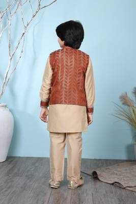 Beige embroidered cotton silk boys-kurta &-pyjama 4