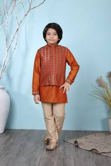 Brown embroidered cotton silk boys-kurta &-pyjama