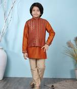 Brown embroidered cotton silk boys-kurta &-pyjama