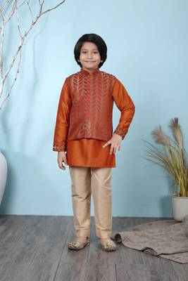 Brown embroidered cotton silk boys-kurta &-pyjama 2