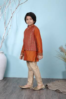 Brown embroidered cotton silk boys-kurta &-pyjama 3