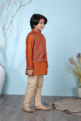 Brown embroidered cotton silk boys-kurta &-pyjama 4