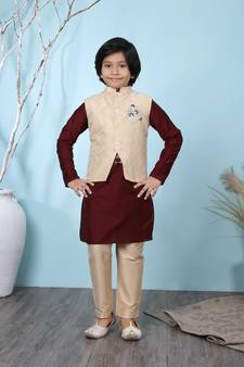 Maroon embroidered cotton silk boys-kurta &-pyjama